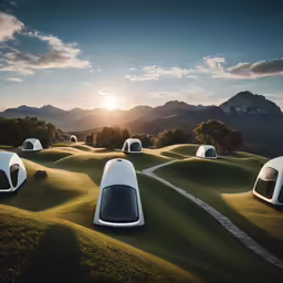 a landscape of tiny tents with mountains in the background