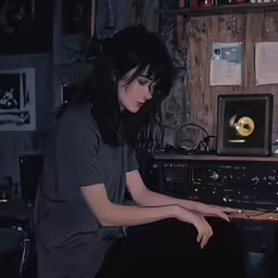 the woman in grey shirt is looking at music equipment