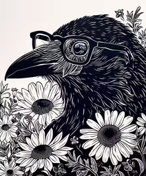 a bird is standing among flowers while a large flower sits in the foreground,an illustration of a black bird and flowers