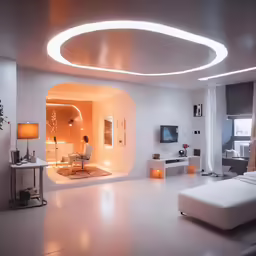 the modern bedroom is decorated in white and orange