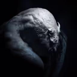 a faceless male creature appears to be in darkness
