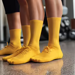 a man with his feet crossed stands in the line wearing yellow socks