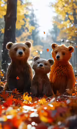 a group of teddy bears sitting in a forest