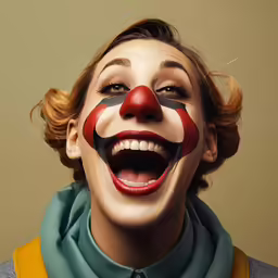 a woman smiling with painted clown face on her