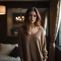 a woman standing looking back in a hotel room