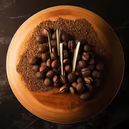 a plate of nuts and powder on a table