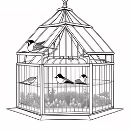 a birdcage is sitting in the middle of a tree,three birds sit in the top of a birdcage