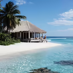a couple stands under an umbrella on the beach near huts