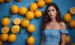 a woman with long hair in a blue dress