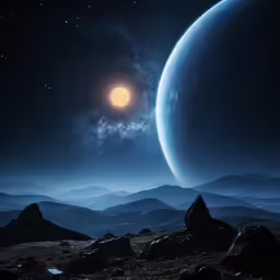 a night scene with a giant planet in the sky