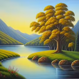a painting of a sunset and mountains by a body of water,a painting of trees near a mountain lake with yellow foliage
