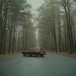 a truck driving down a road in the woods
