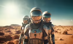 three astronauts are walking through the desert with their helmets on