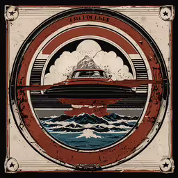 a red white and blue boat sitting in the middle of an ocean,the cover to an album, a song about a ship in a cloudy ocean