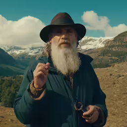 a man in a hat stands on a hill