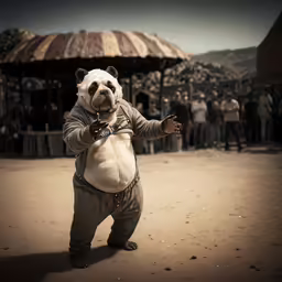 a panda bear standing on one foot wearing a suit and holding two hands while people look on