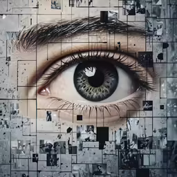 an artistic photo of an eye, with photos taken over it