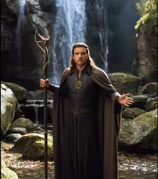a statue of jesus with an olympic staff and waterfall