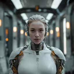 a girl with some futuristic hair standing in an industrial building