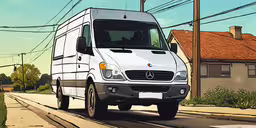 a drawing of an rv on the street,the picture depicts a white van driving down the road