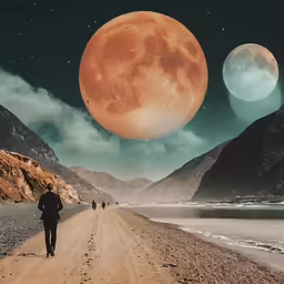 a man walking on a dirt road next to mountains