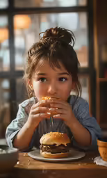 a girl that is sitting down with some food
