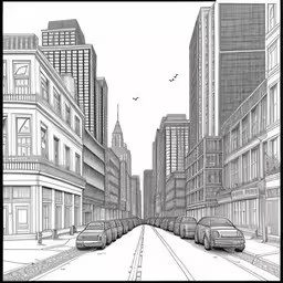 a black and white sketch of the road that goes down to some buildings,a city street with several cars on it,car lines a city with skyscrapers and cars,some buildings a city street and cars on the road,this is an image of a drawing of a street
