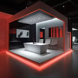 a modern bathroom is lit up with red light
