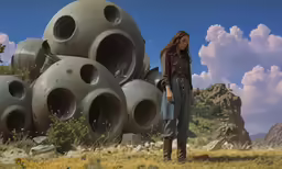 a young lady standing in front of an image of giant vases