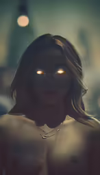 a woman with glowing eyes has long hair and a necklace