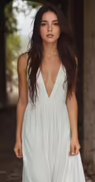 a young woman in a white dress poses for a photo