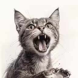 a cat that is sitting up and showing its teeth