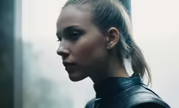 a girl wearing a black jacket staring at the side