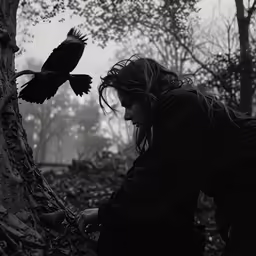 the woman holds her hands with a large bird in front of her