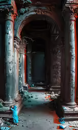 a destroyed and destroyed looking building with broken columns