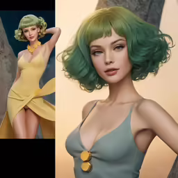 two photos of the same woman with green hair