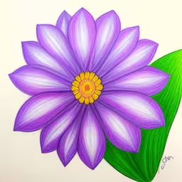 a purple flower and green leaves are shown in a drawing,a drawing of a purple flower on white paper,a painting of a purple flower with green leaves,a purple flower is next to a green leaf,a purple flower is shown with a green leaf