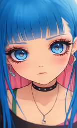 an anime woman with blue hair wearing a choke necklace
