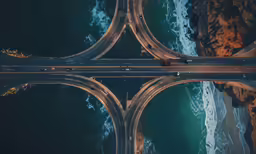 an aerial view of traffic over a bridge over a river