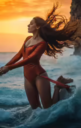 a woman in the ocean with her hair flowing in the wind