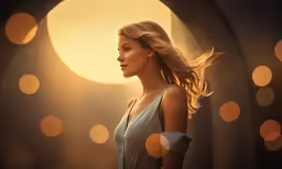 a woman standing in front of lights with blonde hair