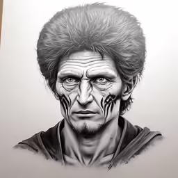 a drawing of an evil man looking into the distance