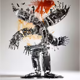 a stylized picture of a mechanical dog with a red object