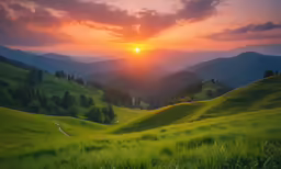 a sunset scene over grassy hills with mountains