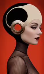 woman in black and white wig with headphones on her ears