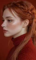 an attractive young woman wearing a red turtle neck sweater