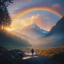 a person in the distance standing next to a mountain with a rainbow in the sky