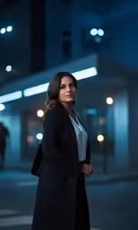 a woman standing in the middle of a city street