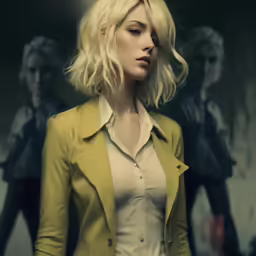 a woman with blonde hair standing in front of two men