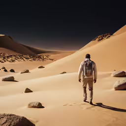 a man walking through a desert with large rocks
